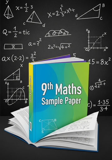 9th Maths Sample Paper book with mathematical equations on a blackboard background